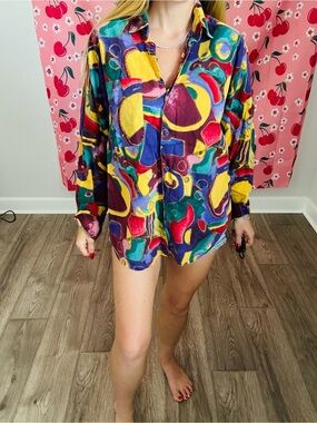 Vintage-Inspired Multicolor Abstract Button-Down Shirt